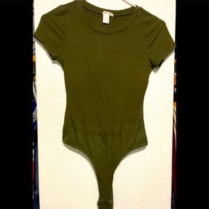 Womens Rib-knit Olive Bodysuit top